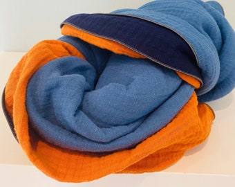 Musselintuch Damen, Halstuch Damen, Musselin Schal, Musselintuch Damen mehrfarbig, Geschenk, Bio Baumwolle Indigoblau/Navy/Orange