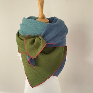 Muslin scarf for women, neck scarf for women, muslin scarf, multicolored, organic cotton moss green/indigo blue/sea blue green pink edging