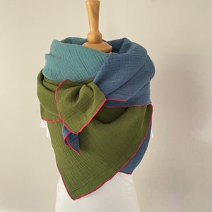 Muslin scarf for women, muslin scarf for women, multicolored, organic cotton moss green/indigo blue/sea blue-green pink edging