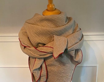 Musselintuch Damen Dreieckstuch Tuch Baumwolle beige-grau meliert/rot leichtes Tuch