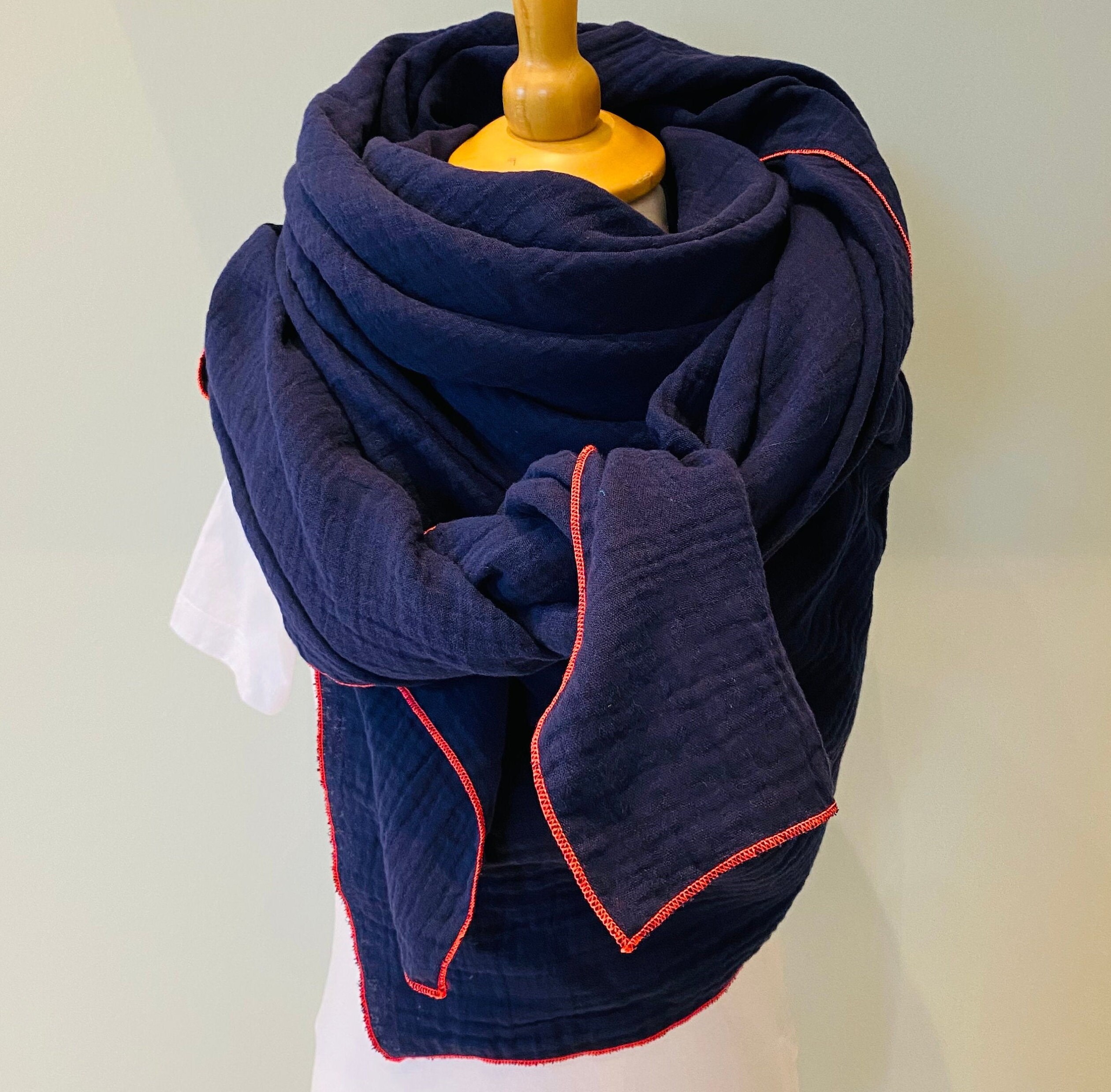 Musselintuch Damen XXL Tuch Bio Baumwolle blau/neon orange Etsy