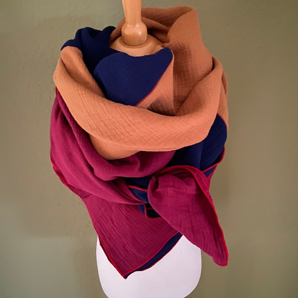 Women's muslin scarf, women's scarf, muslin scarf, women's muslin scarf multicolored, organic cotton scarf bordeaux/curry/dark blue