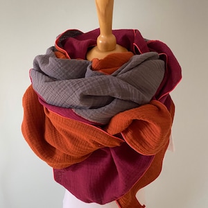 Women's muslin scarf, women's neck scarf, muslin scarf, women's muslin scarf multicolored, gift, organic cotton burgundy/anthracite/rust