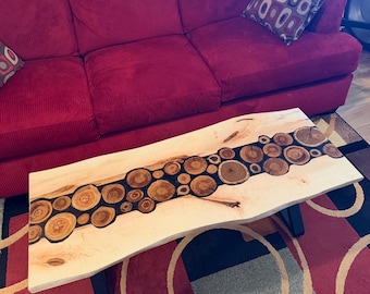 Live Edge Maple Coffee Table With Epoxy Resin River and Various Log Slice Species