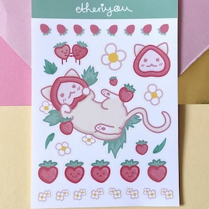 Cute Strawberry Cat Stickersheet, Matt, Laptop-Aufkleber, Scrapbook Aufkleber, Süßes Geschenk