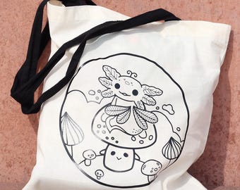 Axolotl auf Pilz handbedruckte Tasche Jutebeutel 100% Baumwolle