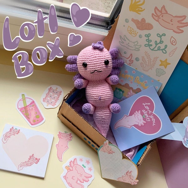 Axolotl Geschenkbox mit Amigurumi Sticker und Notizblock