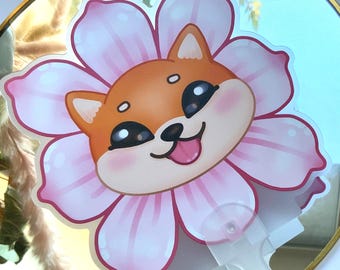 Handfächer süßer Hund in Blüte, PVC Wasserfest