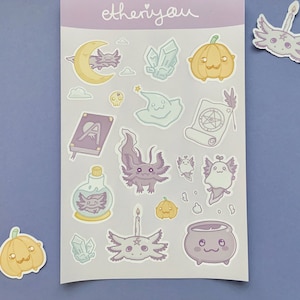 Süße Axolotl Halloween Magie im Herbst StickerSheet, Matt Vinyl Aufkleber, Laptop Aufkleber, Scrapbook, Süßes Geschenk