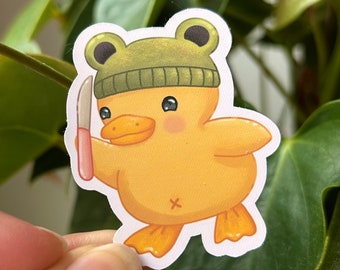 Süße Ente mit Messer und Frosch Hut Aufkleber, Sticker, Laptop-Aufkleber