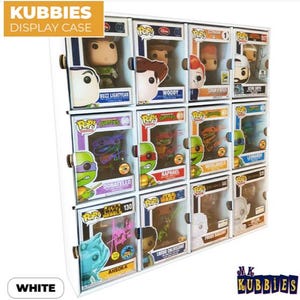 May include: White display case for collectible figurines. The case features multiple individual compartments, each showcasing a different character from various franchises, including Disney, Star Wars, and Teenage Mutant Ninja Turtles. The text "KUBBIES DISPLAY CASE" is visible.