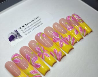 XL/XXL/3XL/read item description! french tip/yellow/pink/painted flowers/summer nails/spring nails/trendy nails/press on nails/read FAQ area