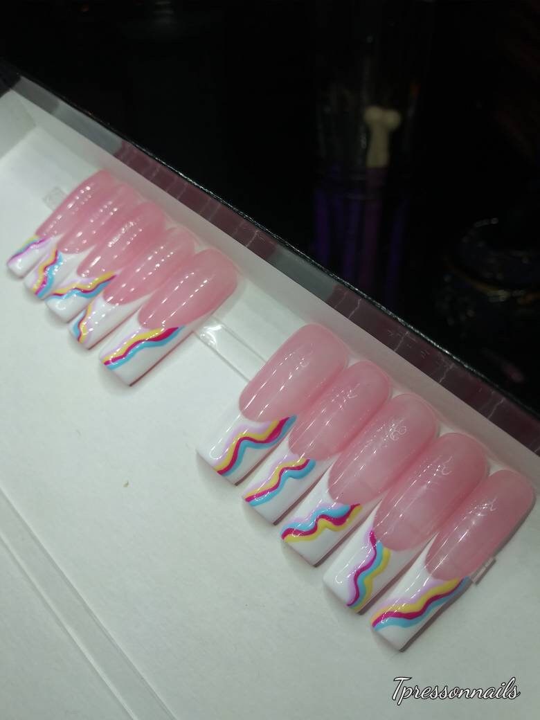 XL square/ french tip/ color swirls/ gel/ press on nails/ false nails…