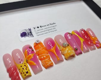 XL/XXL/3XL/duck/read item description! pink/orange/yellow/tropical nails/summer nails/3D/aura nails/trendy/press on nails/read FAQ area!