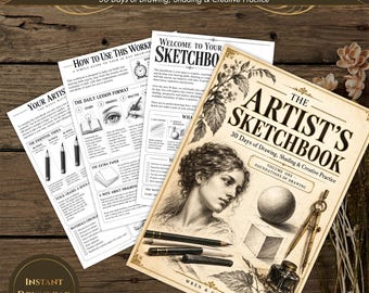 Puede incluir: Una colección de hojas de trabajo de dibujo y una portada titulada The Artist's Sketchbook: 30 Days of Drawing, Shading & Creative Practice. La portada muestra un retrato, una esfera, un cubo, lápices y un compás de dibujo.