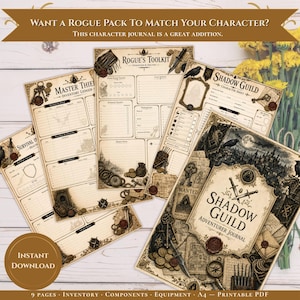 May include: A collection of printable character journal pages for a role-playing game, featuring parchment-style paper with black ink illustrations of daggers, keys, coins, and scrolls. The sheets include titles like Rogue's Toolkit and Shadow Guild.