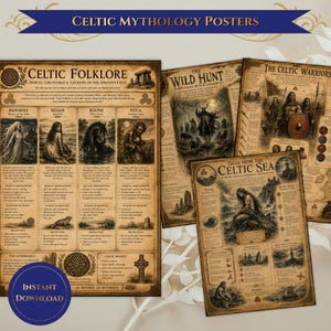 May include: A collection of four vintage-style posters titled Celtic Folklore, The Wild Hunt, The Celtic Warriors, and Tales from the Celtic Sea. Each poster features sepia-toned illustrations, detailed text descriptions, and decorative Celtic knotwork.