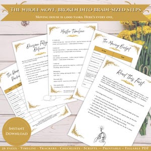 May include: A set of printable moving house planning documents featuring gold leaf accents and black text. The pages include a Master Timeline, Moving Budget, Decision Fatigue Defence, and Room Packing list, all designed to organize moving tasks.