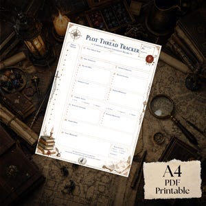 May include: A white A4 printable Plot Thread Tracker sheet featuring a compass rose, a red wax seal, and illustrations of books and a quill. The form includes sections for plot thread name, first appearance, NPCs, factions, and status checkboxes.