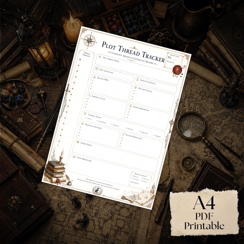 May include: A white A4 printable Plot Thread Tracker sheet featuring a compass rose, a red wax seal, and illustrations of books and a quill. The form includes sections for plot thread name, first appearance, NPCs, factions, and status checkboxes.