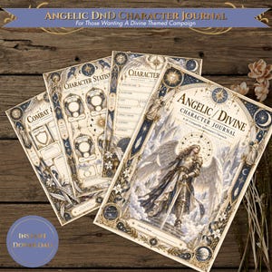 May include: A set of printed character journal pages for a tabletop roleplaying game featuring an illustration of an armored angel with wings. The pages include sections for character statistics, combat details, and the title Angelic/Divine Character Journal.