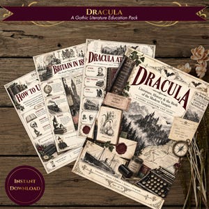 Può includere: Un pacchetto educativo di letteratura gotica su Dracula che include diverse pagine stampate con illustrazioni, mappe e testo in stile vintage. I documenti includono titoli come Dracula, Britain in 1897 e Dracula At A Glance con una macchina.
