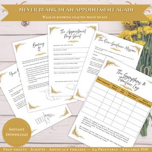 Può includere: Un set di fogli stampabili per la preparazione agli appuntamenti con accenti in foglia oro e testo nero. Le pagine includono titoli come The Appointment Prep Sheet, The One-Sentence Mission e The Symptoms & Timeline Log, con campi strutturati per tracciare informazioni mediche e dettagli.