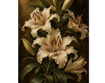 Puede incluir: Una pintura botánica que presenta un grupo de lirios blancos con estambres de color marrón rojizo y pétalos moteados. Las flores se muestran en varias etapas de floración, rodeadas de follaje verde oscuro sobre un fondo oscuro y sombrío.
