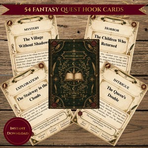 May include: A deck of 54 fantasy quest hook cards featuring a dark green box titled The Adventure Archive with gold illustrations of a book, keys, and quills. Four surrounding cards display titles like Mystery, Horror, Exploration, and Intrigue.