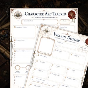 May include: A Character Arc Tracker and Villain Dossier printed on white paper with decorative borders, compass rose icons, and red wax seal graphics. The forms include fields for character names, goals, conflicts, and narrative development notes.