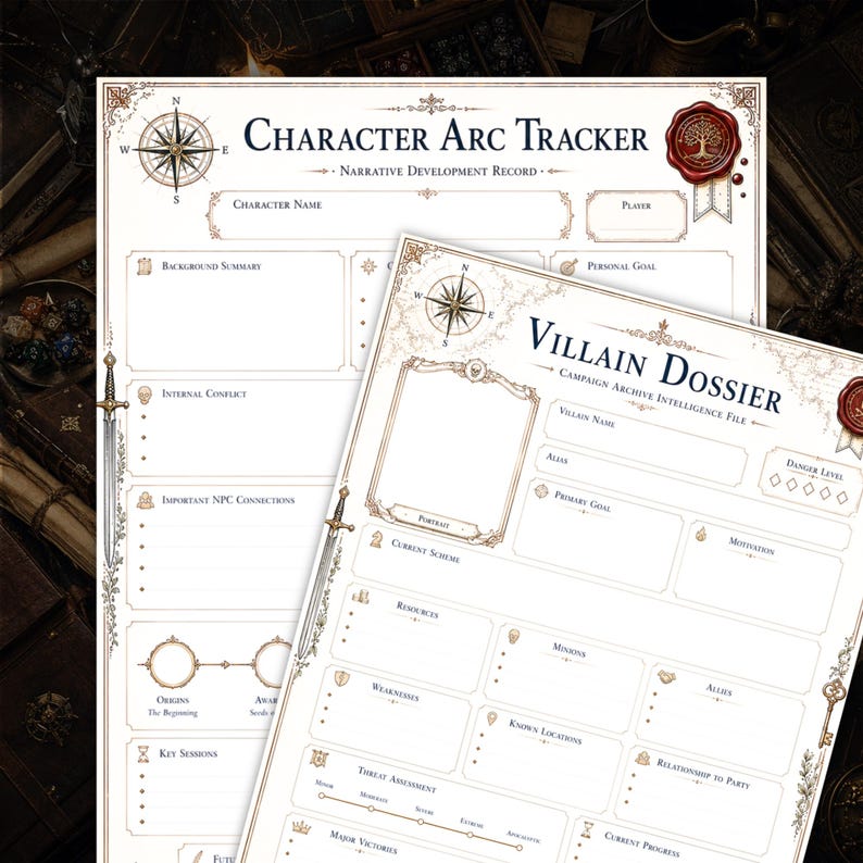 May include: A Character Arc Tracker and Villain Dossier printed on white paper with decorative borders, compass rose icons, and red wax seal graphics. The forms include fields for character names, goals, conflicts, and narrative development notes.