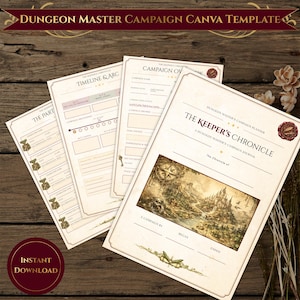 May include: A Dungeon Master campaign planner template titled The Keeper's Chronicle, featuring multiple pages with sections for campaign overview, timeline, and party details. The pages include a fantasy landscape illustration and a red wax seal graphic.