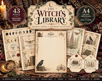 Puede incluir: Una colección de efímeros imprimibles titulada The Witch's Library, que incluye 43 páginas de papel para diario, sobres y ex libris. Los diseños incluyen ilustraciones de un cuervo, fases lunares, plantas y texto como Dreamweaver Tonic.