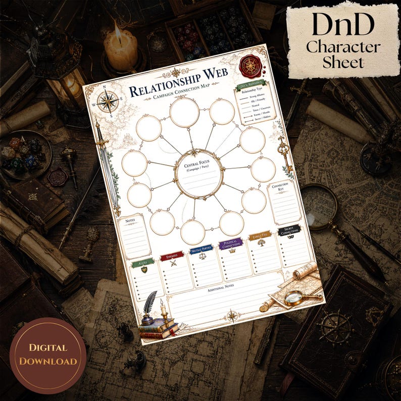 May include: A DnD Character Sheet titled Relationship Web Campaign Connection Map. The white paper features a central circle for a focus, surrounded by smaller circles connected by lines, with sections for notes, allies, enemies, and political connections.