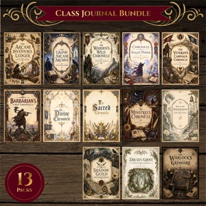 May include: A Class Journal Bundle featuring 13 illustrated journals with fantasy themes. Titles include The Arcane Inventor's Ledger, The Grand Arcane Archive, The Warden's Wild Chronicle, Chronicle of Innate Power, The Veteran's Campaign Chronicle, Barbarian's War Chronicle, The Divine Chronicle, The Sacred Chronicle, The Minstrel's Chronicle, Way of the Ascendant, Shadow Guild, Druid's Grove, and The Warlock's Grimoire.