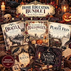 Könnte beinhalten: Ein Home Education Bundle 1 Spooky Season Theme Set mit fünf Lehrheften mit den Titeln Dracula, The History of Halloween, The Plague Files, The Raven und The Salem Files, verziert mit Kürbissen, Kerzen und Raben.