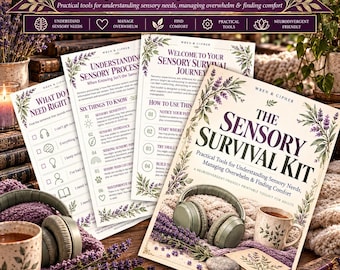 Puede incluir: Una colección de páginas impresas tituladas The Sensory Survival Kit, con ilustraciones de lavanda, texto sobre necesidades sensoriales y herramientas de gestión. El kit incluye auriculares, una taza de cerámica y un cuaderno.