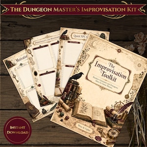May include: The Dungeon Master's Improvisation Kit includes printed sheets with sections for Motivation, Personality and Mannerisms, and Quick NPC generation. The cover page features the title The Improvisation Toolkit, a raven, and books.