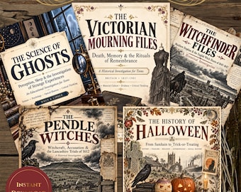 Puede incluir: Un conjunto educativo Home Education Bundle 3 Haunting Halloween que incluye cinco libros titulados The Science of Ghosts, The Victorian Mourning Files, The Witchfinder Files, The Pendle Witches y The History of Halloween.