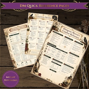 Op de afbeelding: Drie gedrukte referentiebladen voor tabletop role-playing games met de titels Exploration & Travel Guide, Conditions Archive en Dungeon Master's Combat Reference. De pagina's hebben een vintage perkament-esthetiek met zwarte tekst.