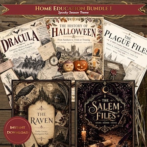 May include: A Home Education Bundle 1 Spooky Season Theme set featuring five illustrated educational documents titled Dracula, The History of Halloween, The Plague Files, The Raven, and The Salem Files with dark, detailed graphics of pumpkins, ravens, and gothic architecture.