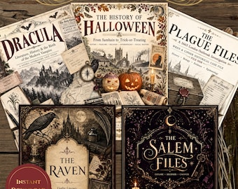 Puede incluir: Un conjunto Home Education Bundle 1 Spooky Season Theme que incluye cinco documentos educativos ilustrados titulados Dracula, The History of Halloween, The Plague Files, The Raven y The Salem Files con gráficos oscuros y detallados de calabazas, cuervos y arquitectura gótica.