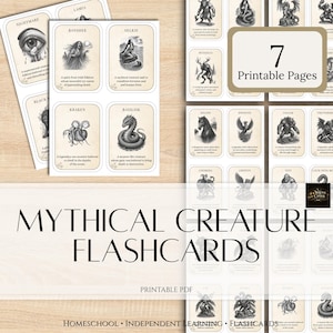 Può includere: Flashcard di creature mitologiche con illustrazioni di esseri mitologici come il Kraken, la Banshee e il Basilisco. Il testo "7 pagine stampabili" è visibile. Sono visibili anche le parole "Flashcard di creature mitologiche".