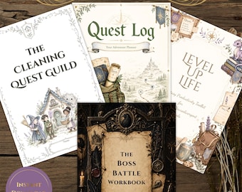 Puede incluir: Un conjunto de planificadores digitales Neurodivergent Bundle 1 que incluye The Cleaning Quest Guild, Quest Log, Level Up Life y The Boss Battle Workbook. Las páginas contienen ilustraciones de fantasía, texto y diseños de aventura.