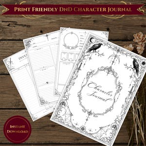 May include: A set of white paper sheets for a Dungeons and Dragons character journal featuring black ink illustrations of ravens, swords, and dragons. The pages include sections for inventory, objectives, and character details with ornate borders.