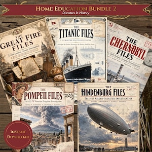 Peut inclure: Un ensemble Home Education Bundle 2 comprenant cinq dossiers d'enquête sur des catastrophes historiques : The Great Fire Files, The Titanic Files, The Chernobyl Files, The Pompeii Files et The Hindenburg Files, avec images et textes.