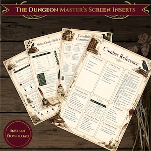 Dungeon Master Reference Archive | 5E Compatible DM Screen Inserts | Dark Academia RPG Rules Cheat Sheets | Printable A4 PDF