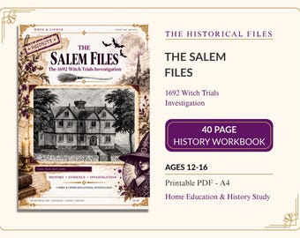 Puede incluir: Un cuaderno de ejercicios de historia de 40 páginas titulado The Salem Files: The 1692 Witch Trials Investigation. La portada presenta una ilustración vintage de una casa, una bruja, murciélagos y una escoba. PDF imprimible A4 para 12-16 años.