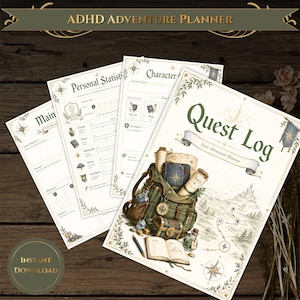 May include: A set of printed planner pages titled ADHD Adventure Planner and Quest Log. The pages feature sections for personal statistics, character details, and quest objectives, decorated with illustrations of a backpack, treasure chest, and map.