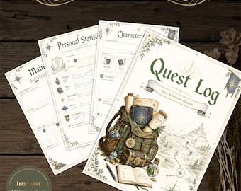Puede incluir: Un conjunto de páginas de ADHD Adventure Planner con una portada de Quest Log que muestra una mochila, un cofre del tesoro y un mapa. Las páginas incluyen secciones para estadísticas personales, detalles de personajes y misiones principales.